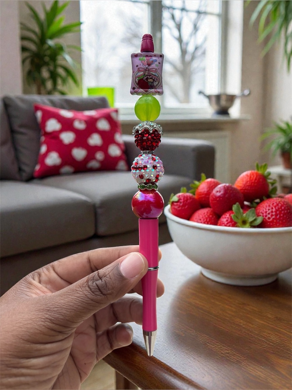 Strawberry Shortcake Beaded Pink Decorative Pen with Multicolor Crystal Beads